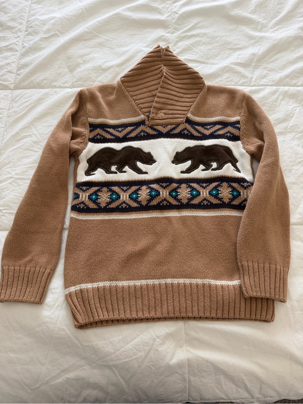 Gymboree Tan Bear Motif Turtleneck Sweater with Navy & Cream Accents